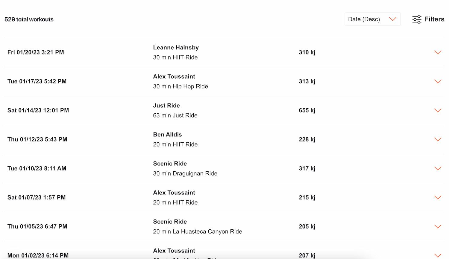 filterable workout history
